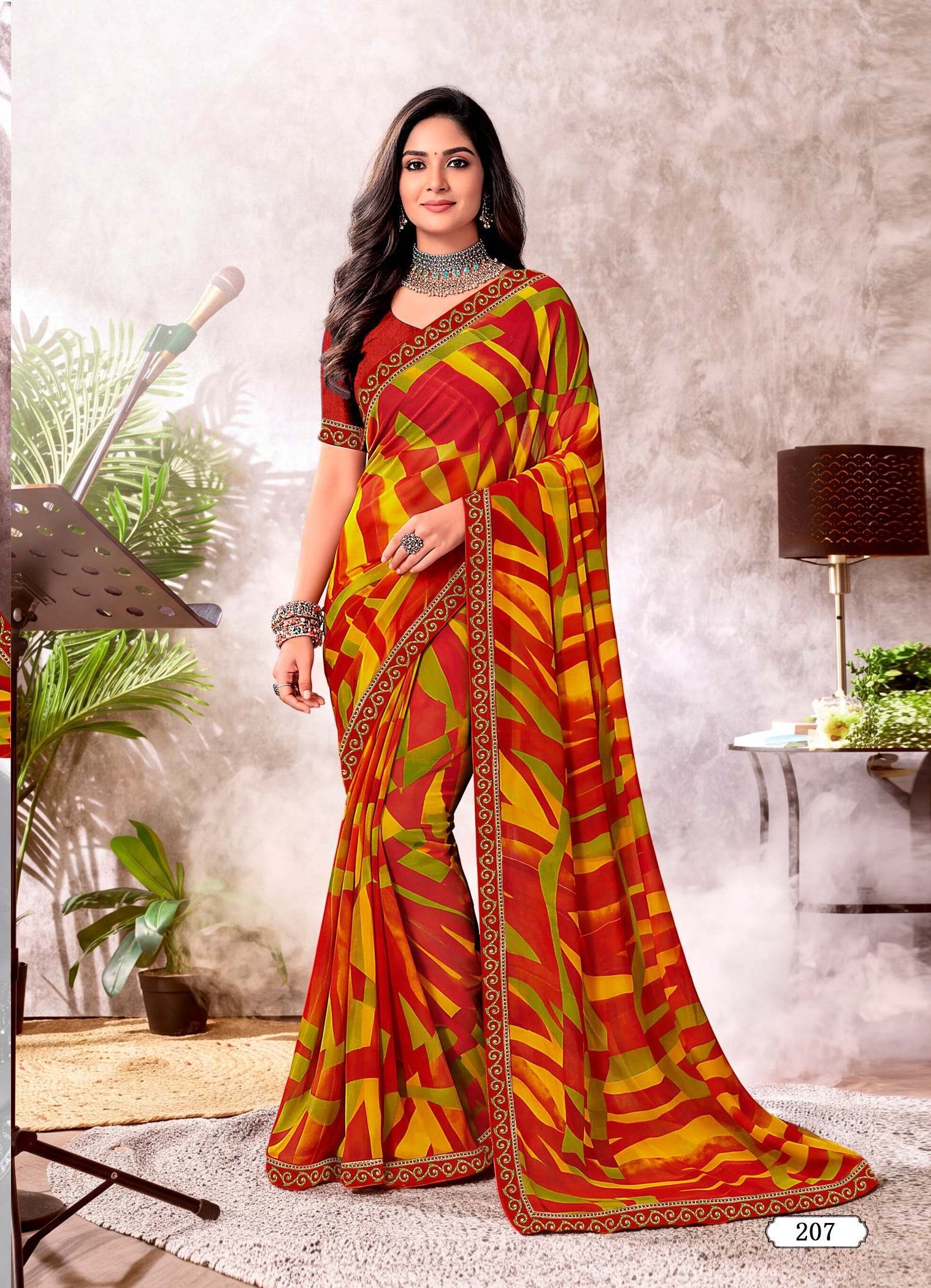 Ladorani Jugni Designer Saree with Contrast Border - 8 Pcs Set