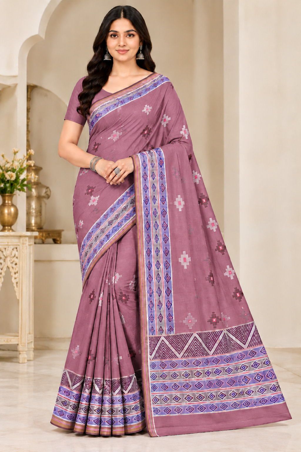 Cotton Teal Blue Printed Saree with Designer Geometric Border-14 Pcs Set.