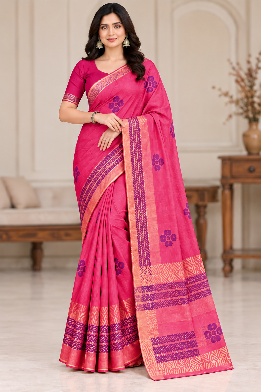 Cotton Pink Printed Saree with Contrast Border and Designer Pallu-15 Pcs Set.