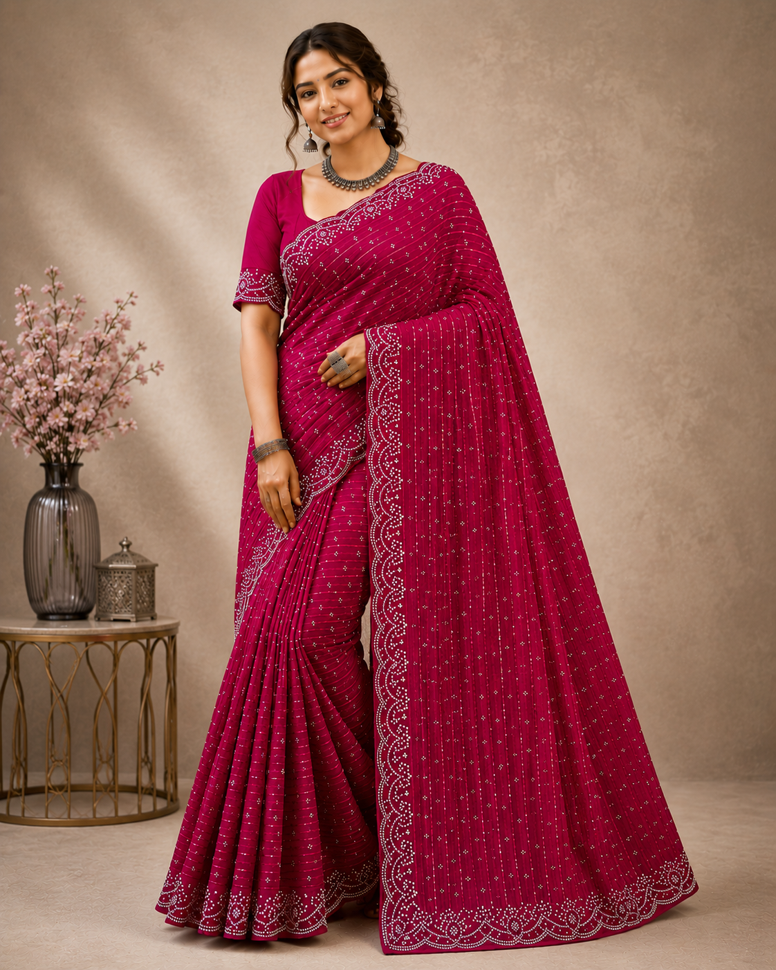 Designer Simmer Chiffon Saree with Stone Work Border - Fancy Party Wear Saree Collection (6 Colors Set) - M.R. Saree Emporium