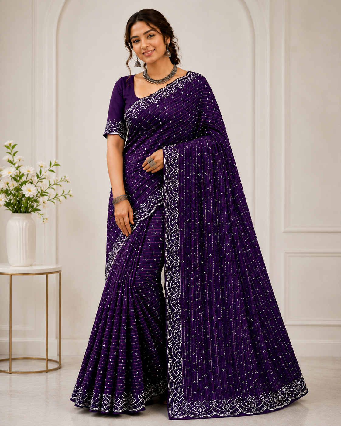 Designer Simmer Chiffon Saree with Stone Work Border - Fancy Party Wear Saree Collection (6 Colors Set) - M.R. Saree Emporium