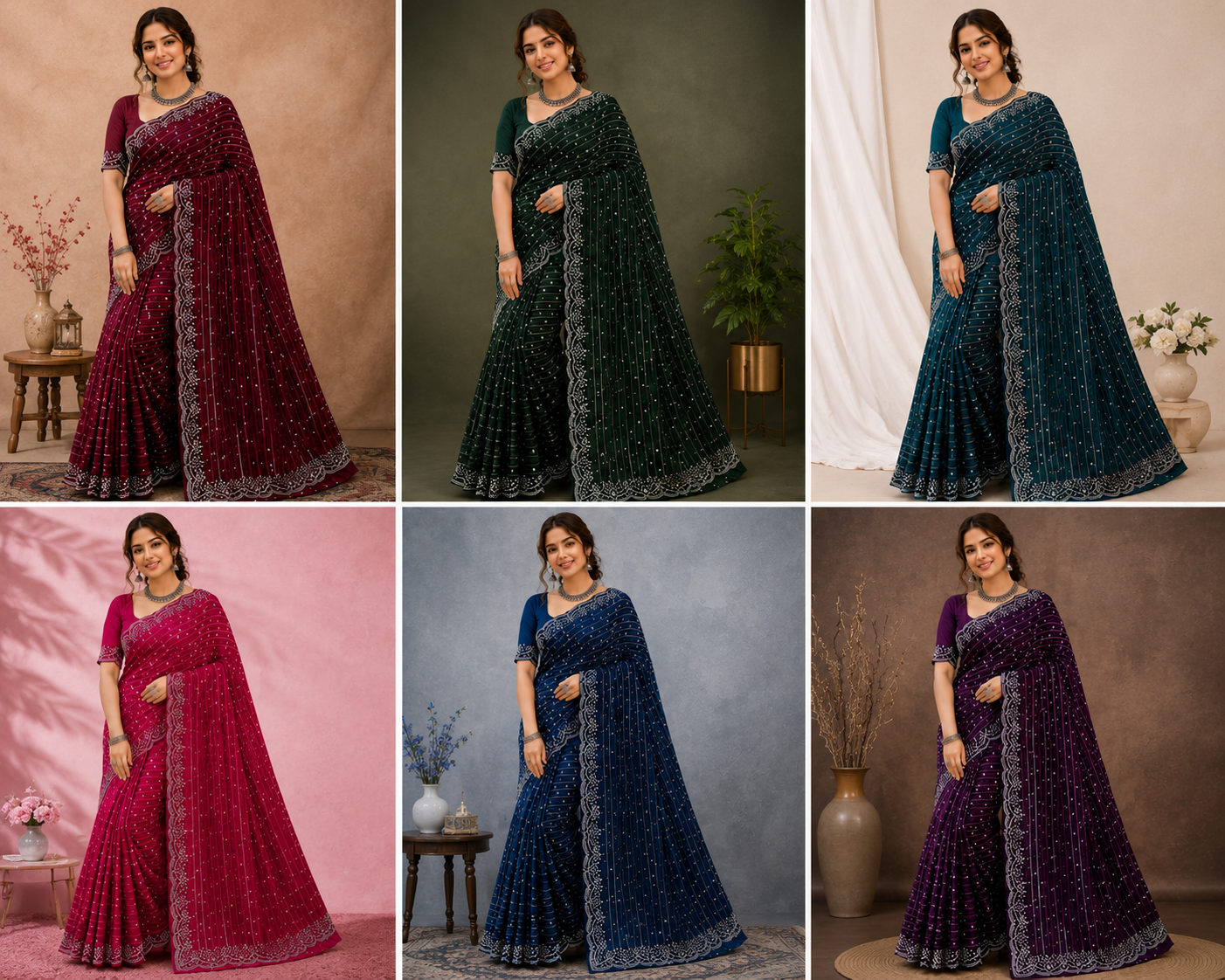 Designer Simmer Chiffon Saree with Stone Work Border - Fancy Party Wear Saree Collection (6 Colors Set) - M.R. Saree Emporium