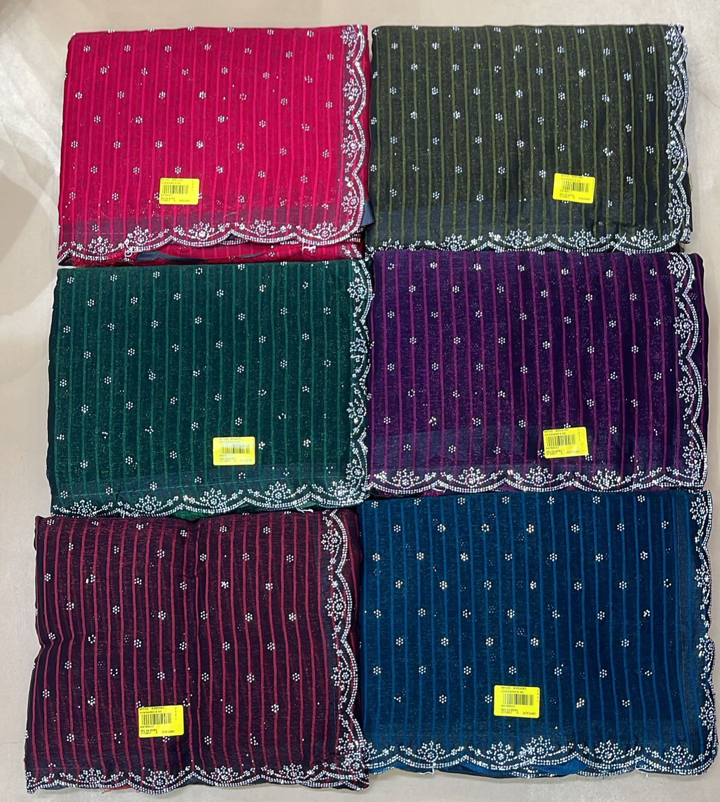 EkStree Fancy Stone Work Georgette Saree with Stripe Print & Scallop Border – 6 Pcs Set -Premium Wholesale Collection by M.R. Saree Emporium