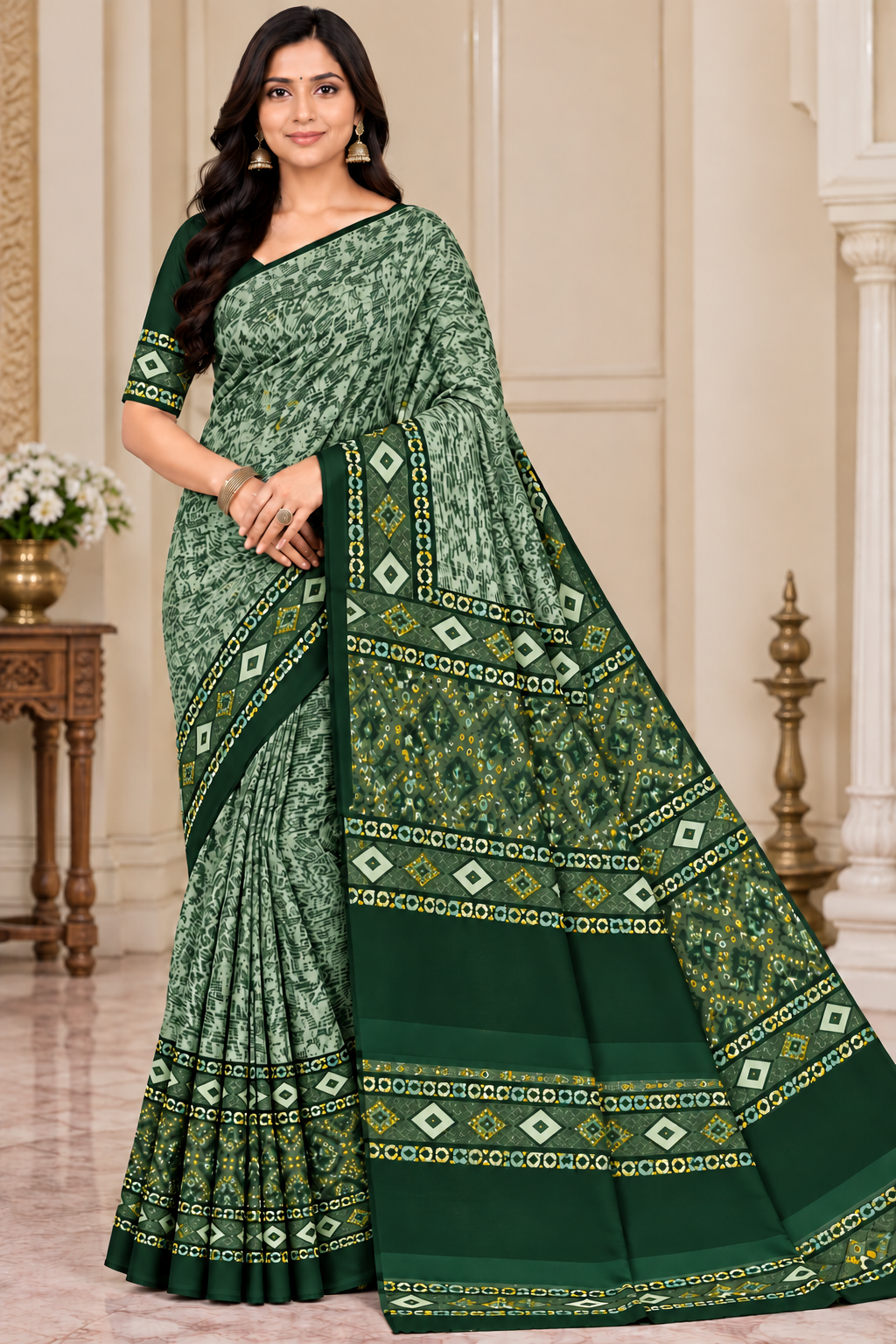 Weightless Teal Blue Printed Saree with Designer Border -6 Pcs Set.
