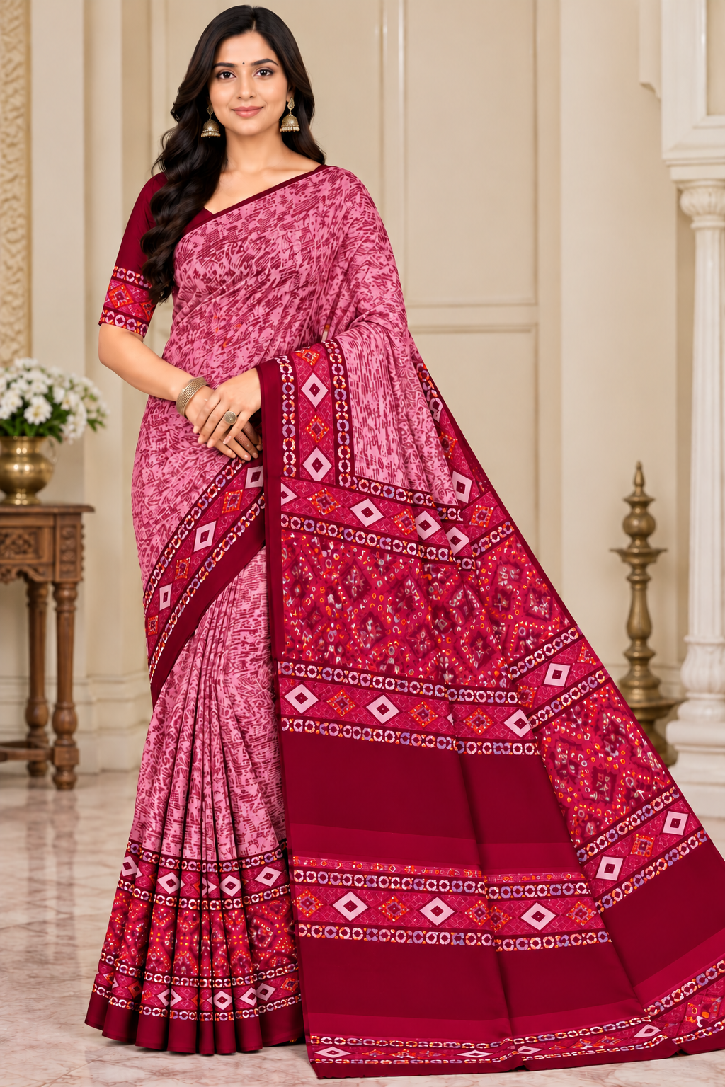 Weightless Teal Blue Printed Saree with Designer Border -6 Pcs Set.