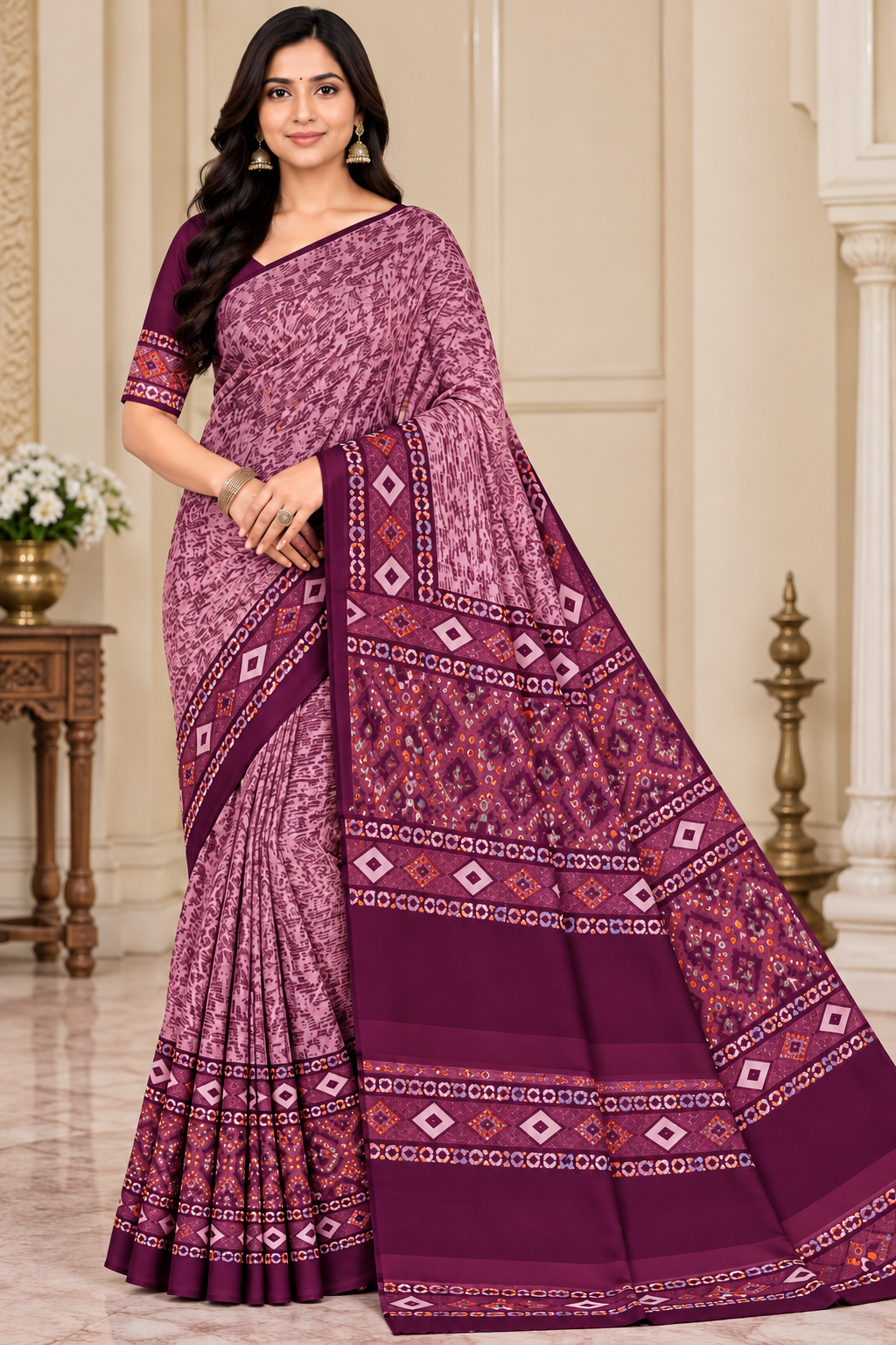 Weightless Teal Blue Printed Saree with Designer Border -6 Pcs Set.