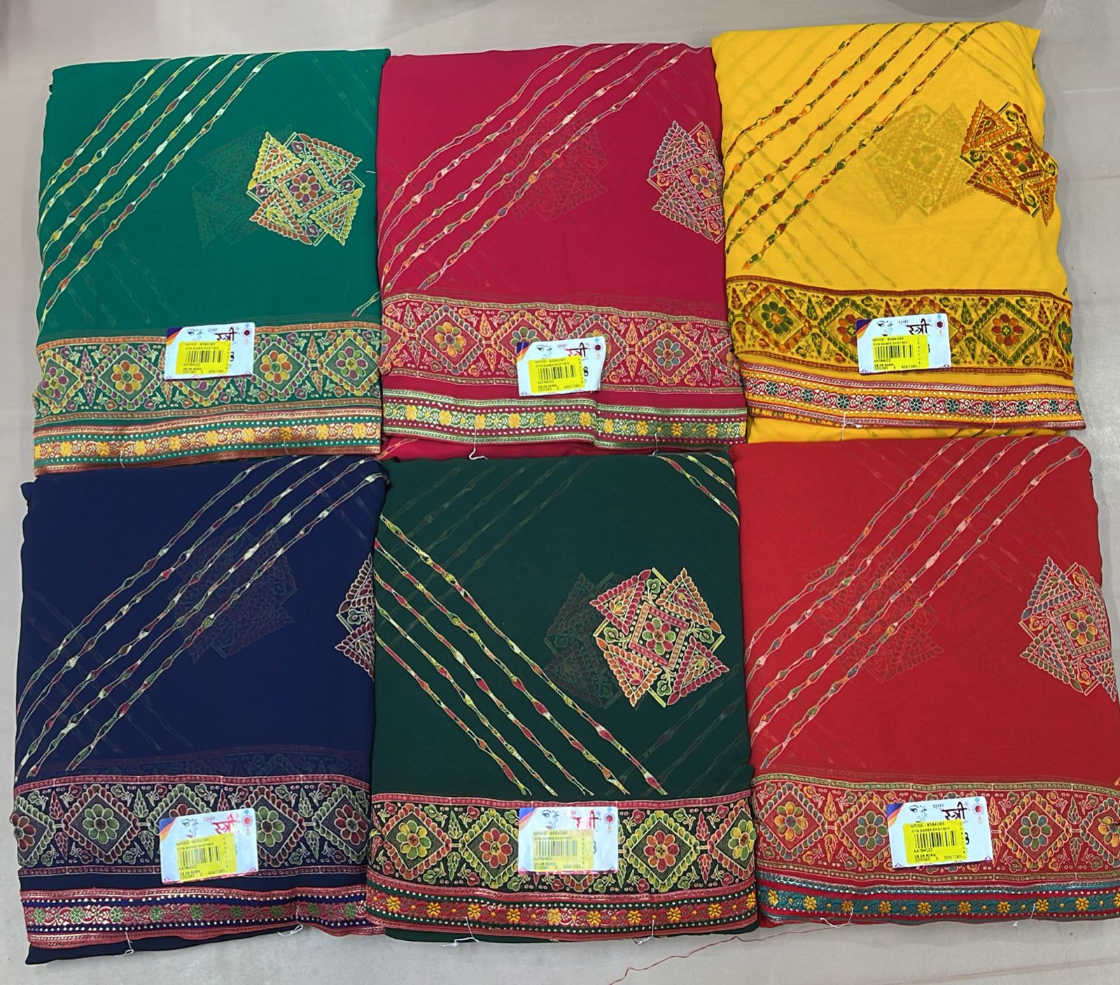 Traditional Printed Georgette Saree 6 Pcs Set-Fancy Border Ethnic Saree Collection-M.R. Saree Emporium