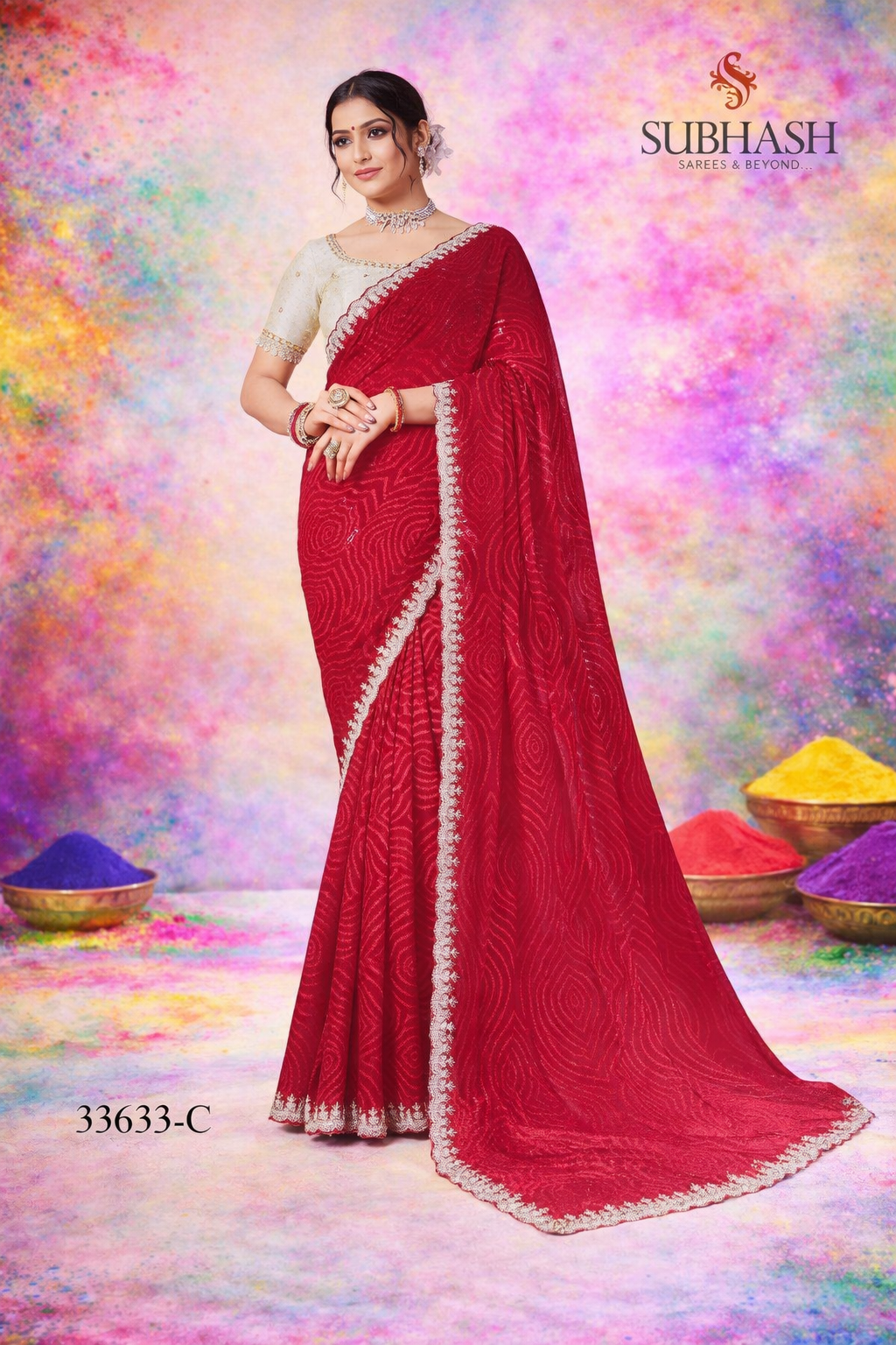 Subhash Sanskriti Saree Design No. 33633-C – Red Designer Festive Saree with Swirl Print & Lace Border-Single Pcs-M.R. Saree Emporium