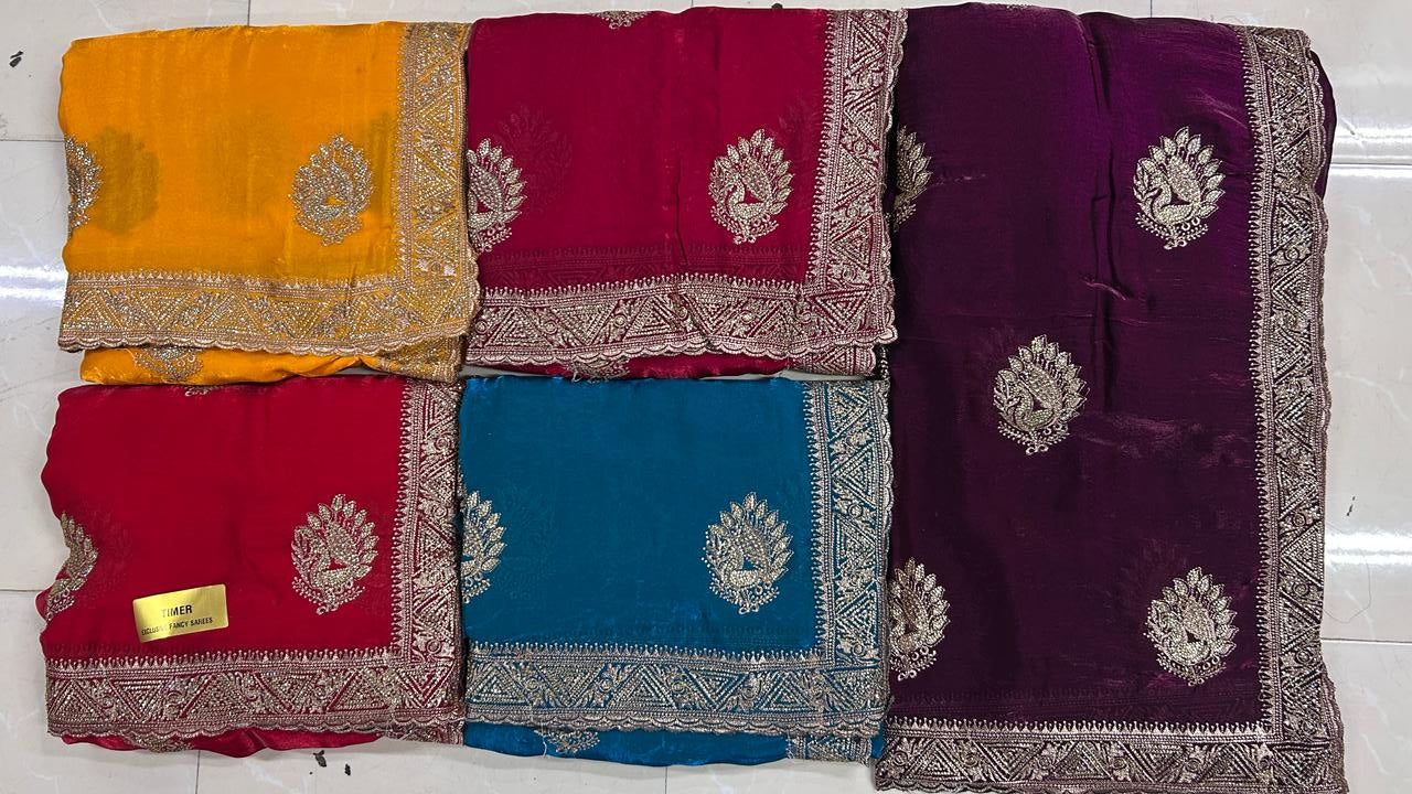 Gold Satar Fabric Designer Saree 5 Pcs Set With Zari Peacock Booti & Rich Zari Border-M.R. Saree Emporium