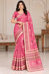Cotton Pink Printed Saree with Contrast Border and Designer Pallu-15 Pcs Set.