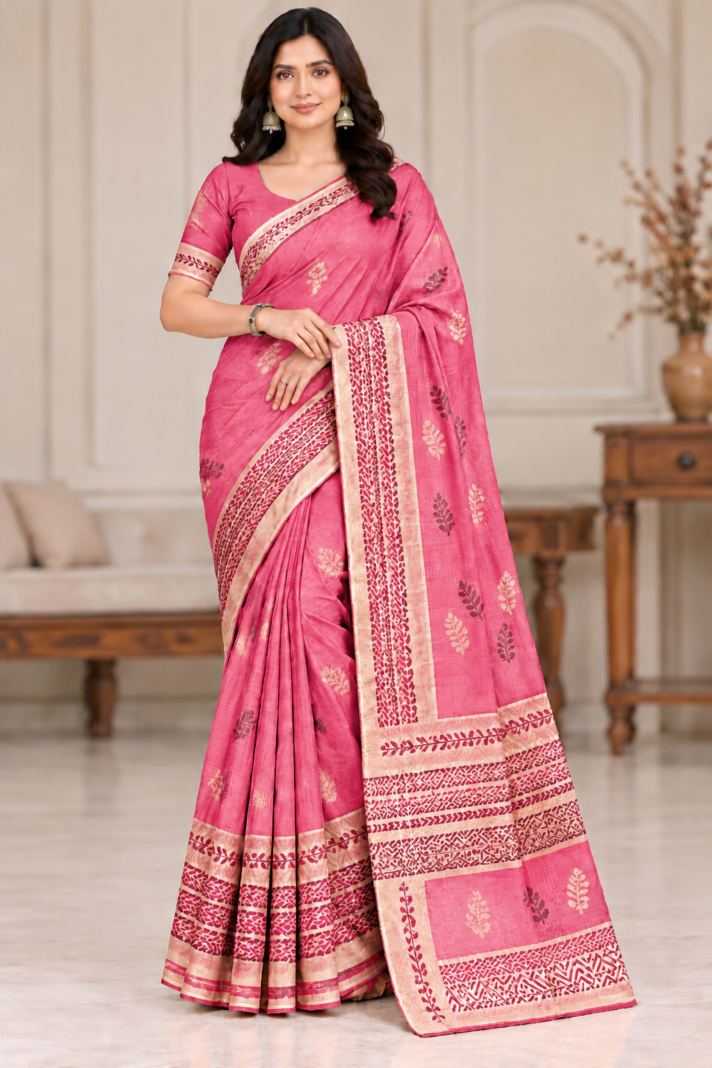Cotton Pink Printed Saree with Contrast Border and Designer Pallu-15 Pcs Set.