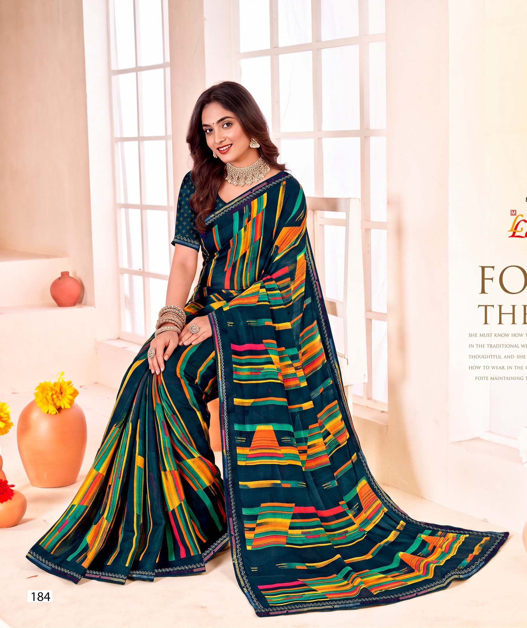 Ladorani Meera Multicolor Striped Saree with Designer Border - 8 Pcs Set