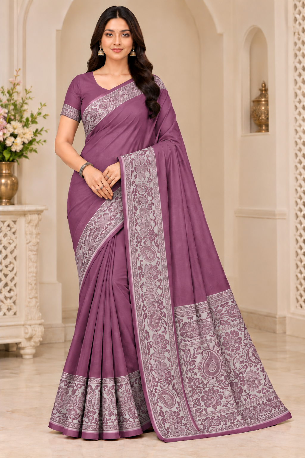 Cotton Green Traditional Jacquard Border Saree - 15 Pcs Set.