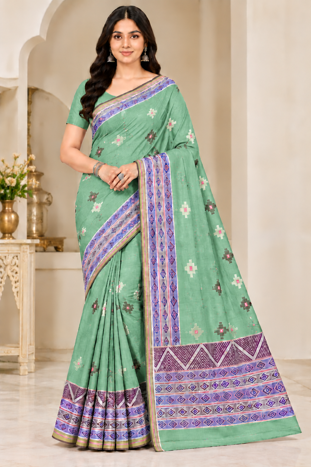 Cotton Teal Blue Printed Saree with Designer Geometric Border-14 Pcs Set.
