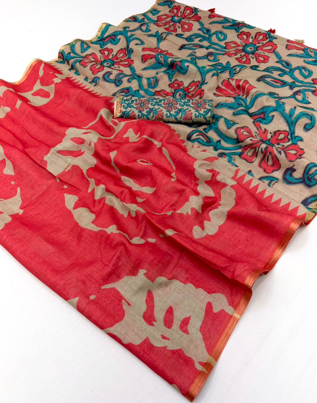 Lisha-06 Soft Cotton Linen Saree with Zari Border & Fancy Tassels – Single Piece-M.R. Saree Emporium