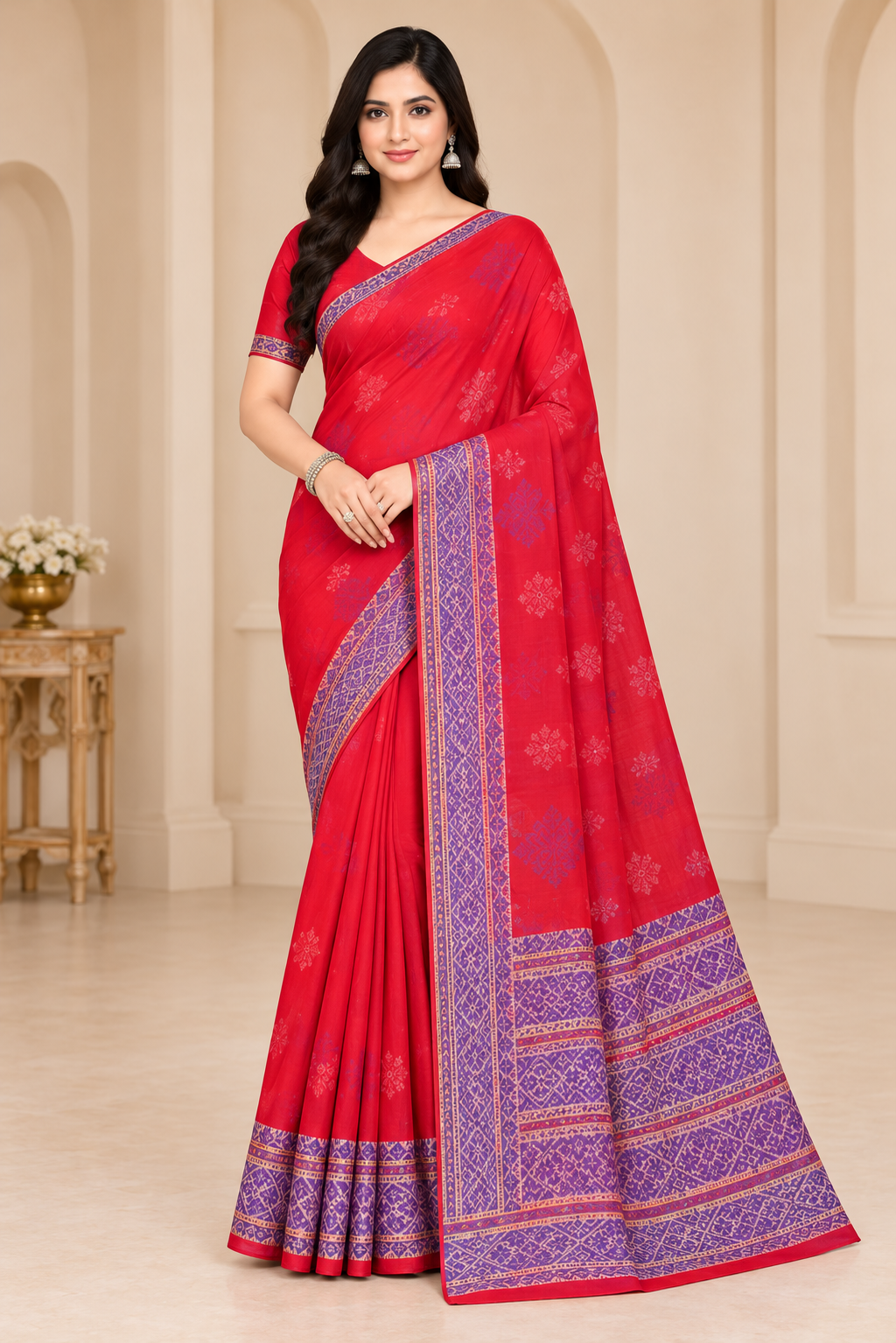 Cotton Green Woven Border Designer Saree - 14 Pcs Set