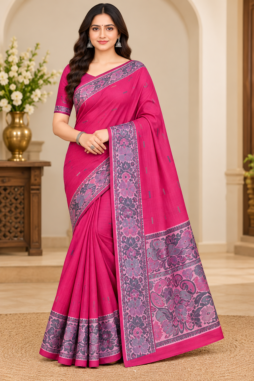 Cotton Royal Blue Designer Saree with Floral Jacquard Border-14 Pcs Set.
