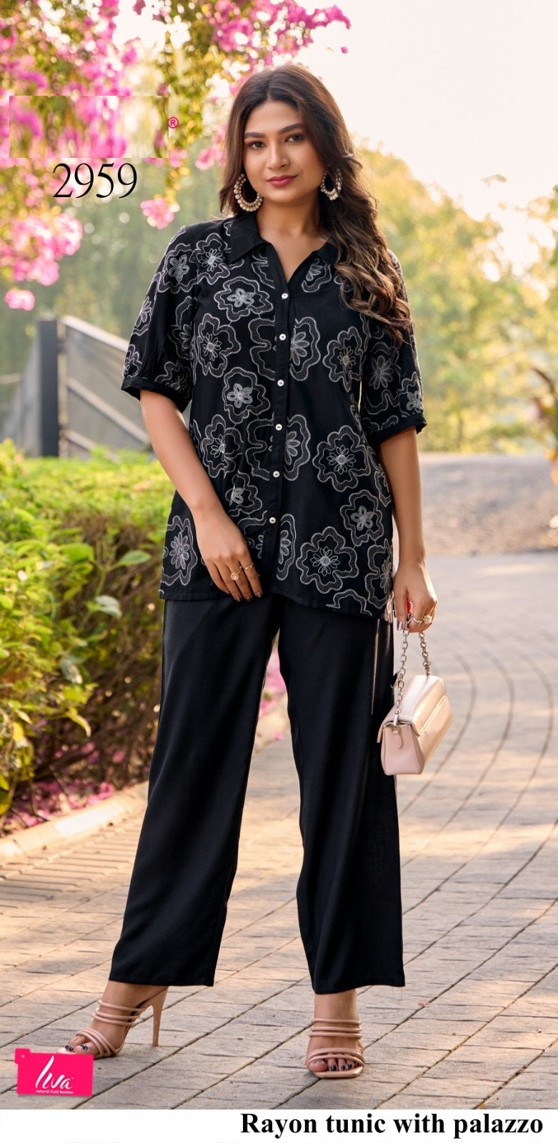 Rayon Slub Tunic with Palazzo – Black & Light Green M.R. Saree Emporium