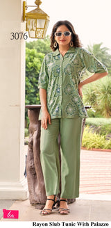 Rayon Slub Tunic with Palazzo – Black & Light Green M.R. Saree Emporium