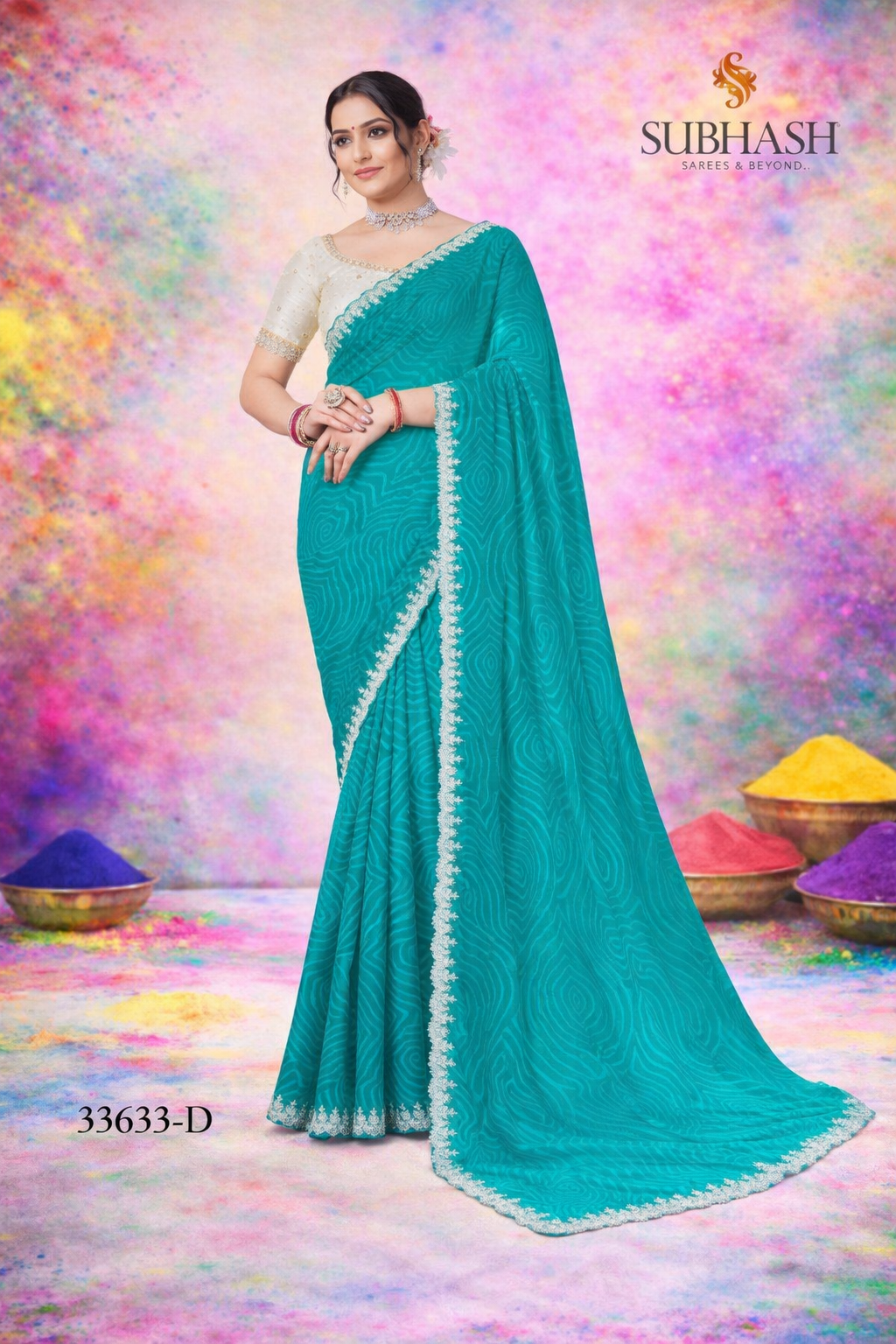 Subhash Sanskriti Saree Design No. 33633-D – Teal Green Designer Festive Saree with Swirl Print & Lace Border-Single Pcs-M.R. Saree Emporium