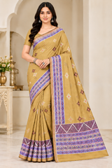 Cotton Teal Blue Printed Saree with Designer Geometric Border-14 Pcs Set.