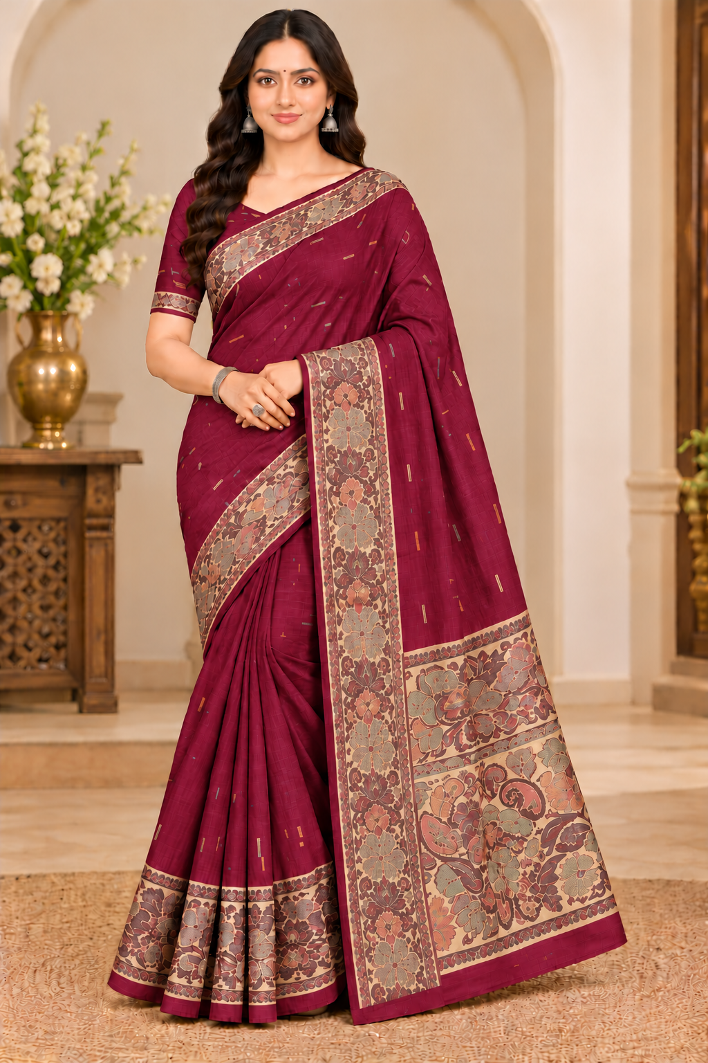 Cotton Royal Blue Designer Saree with Floral Jacquard Border-14 Pcs Set.
