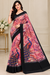 Weightless Printed Peacock Design Saree with Designer Border - 6 Pcs Set