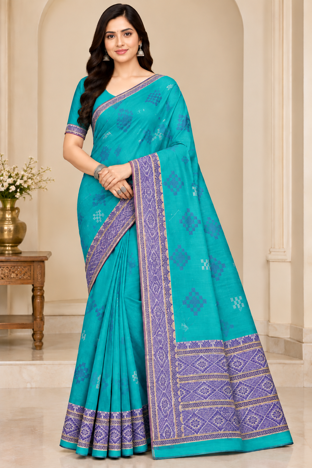 Cotton Green Woven Border Designer Saree - 14 Pcs Set