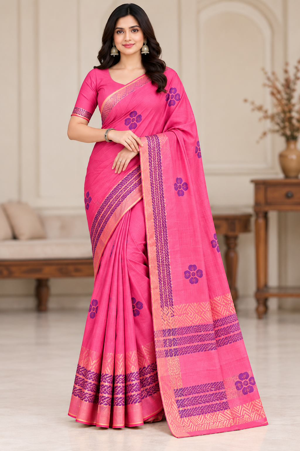 Cotton Pink Printed Saree with Contrast Border and Designer Pallu-15 Pcs Set.