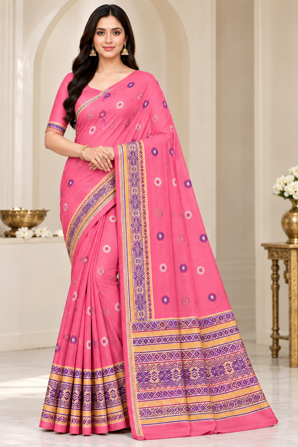 Cotton Traditional Printed Saree with Designer Woven Border - 15 Pcs Set.