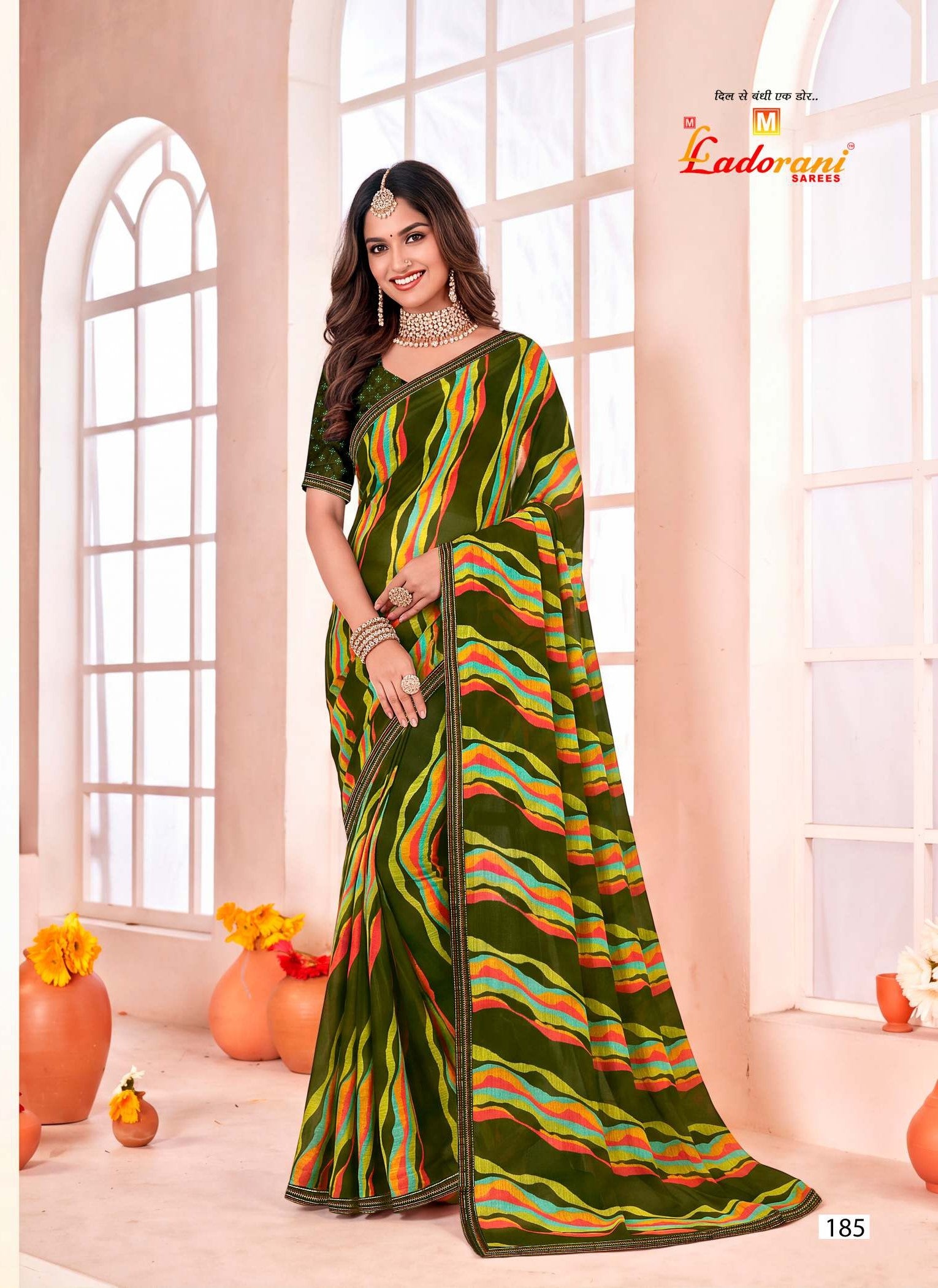 Ladorani Meera Multicolor Striped Saree with Designer Border - 8 Pcs Set