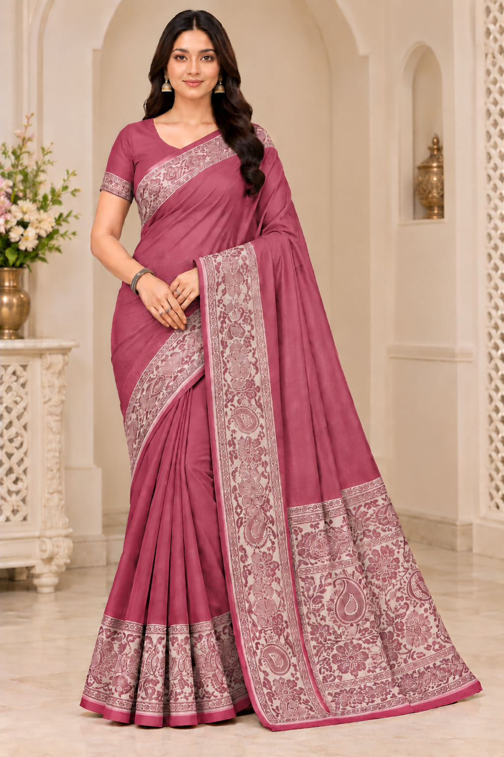 Cotton Green Traditional Jacquard Border Saree - 15 Pcs Set.