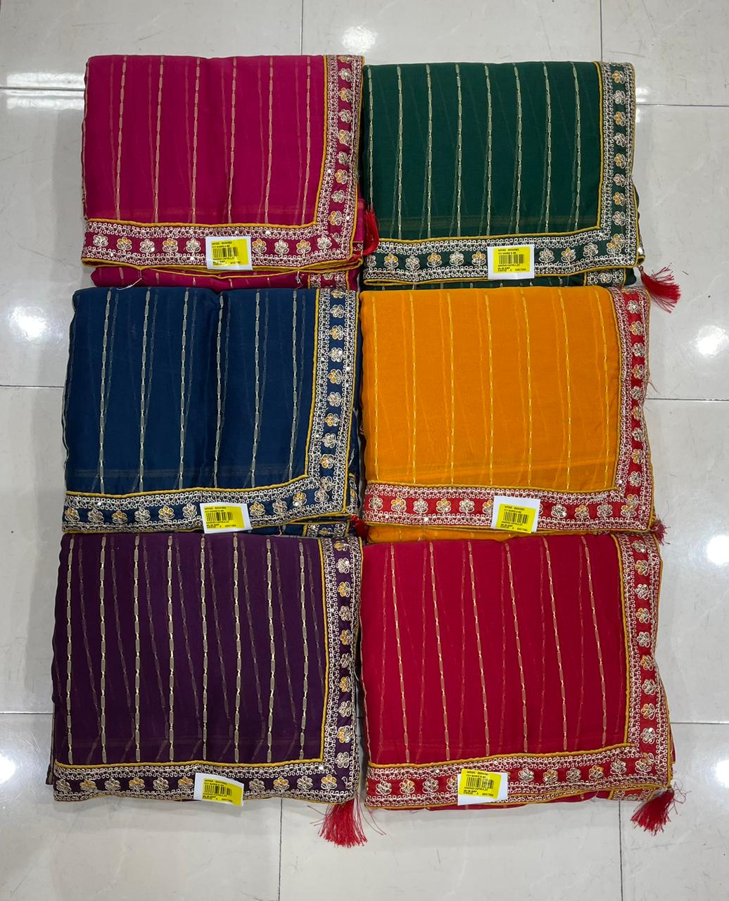 Designer Striped Zari Border Saree 6 Pcs Set – Wedding Party Wear Saree-M.R. Saree Emporium