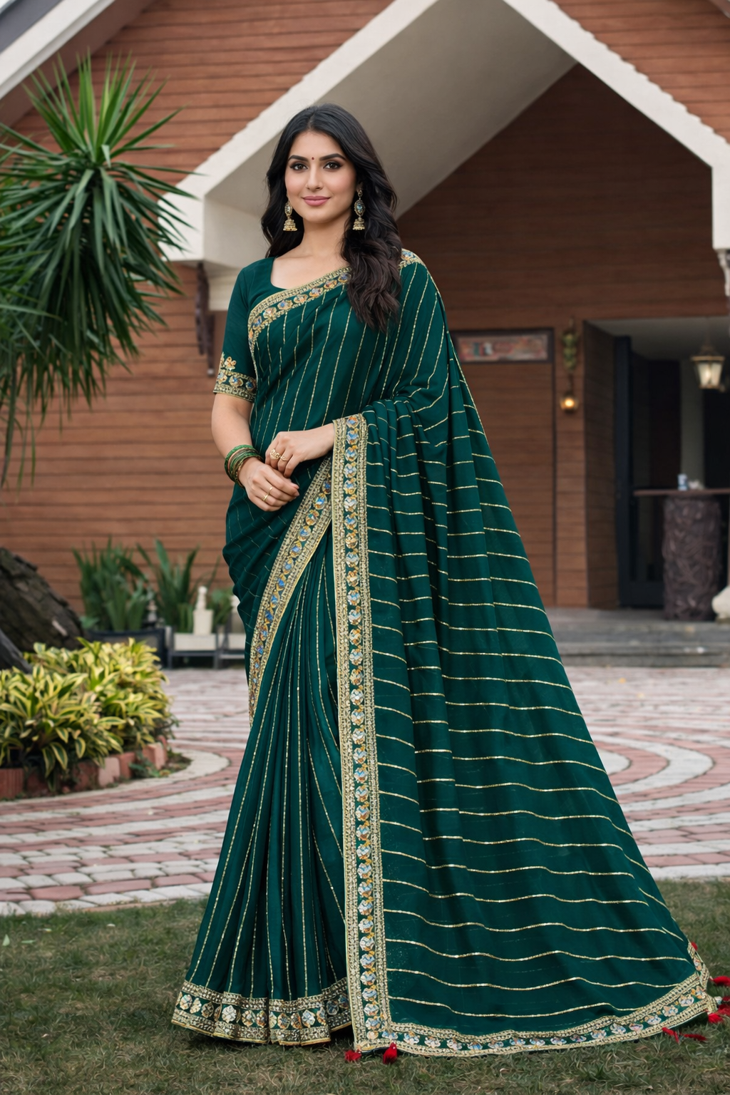 Designer Striped Zari Border Saree 6 Pcs Set – Wedding Party Wear Saree-M.R. Saree Emporium