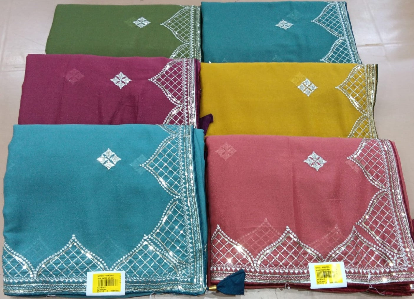 Fancy Dyed Work Saree with Silver Border – 6 Pcs Set-M.R. Saree Emporium