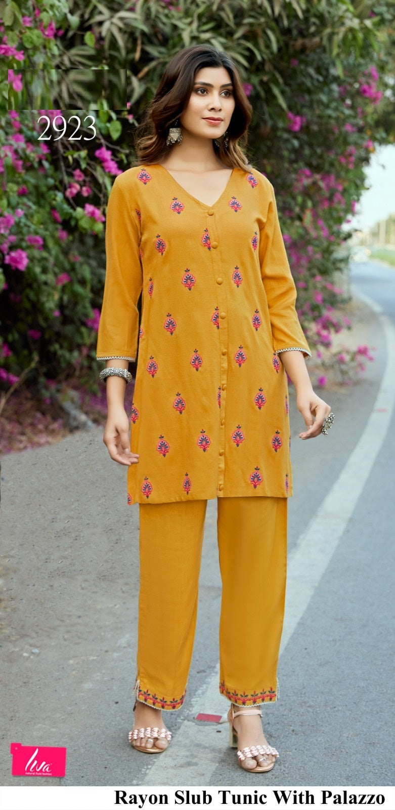 Rayon Slub Tunic with Palazzo – Mehandi & Yellow Green M.R. Saree Emporium