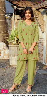 Rayon Slub Tunic with Palazzo – Mehandi & Yellow Green M.R. Saree Emporium