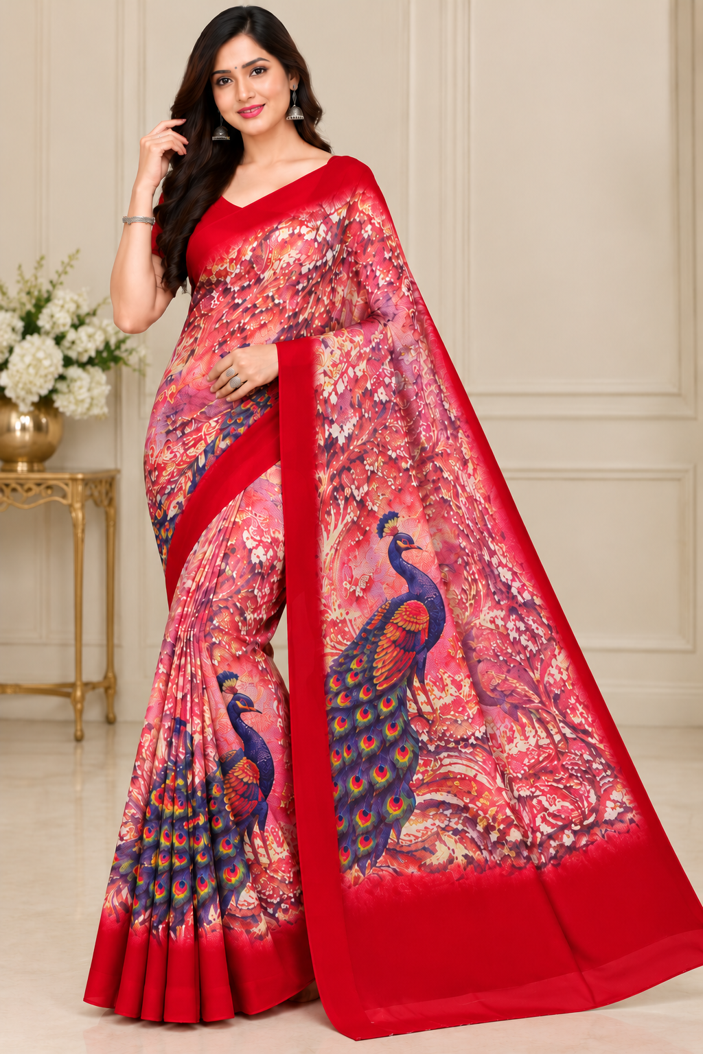 Weightless Printed Peacock Design Saree with Designer Border - 6 Pcs Set