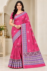 Cotton Teal Blue Printed Saree with Designer Geometric Border-14 Pcs Set.