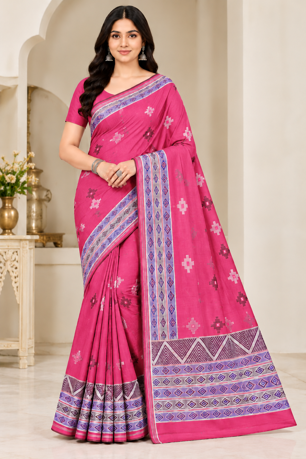Cotton Teal Blue Printed Saree with Designer Geometric Border-14 Pcs Set.