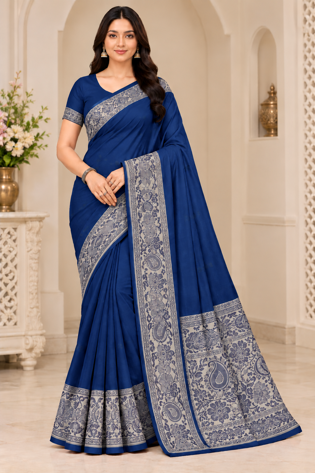 Cotton Green Traditional Jacquard Border Saree - 15 Pcs Set.