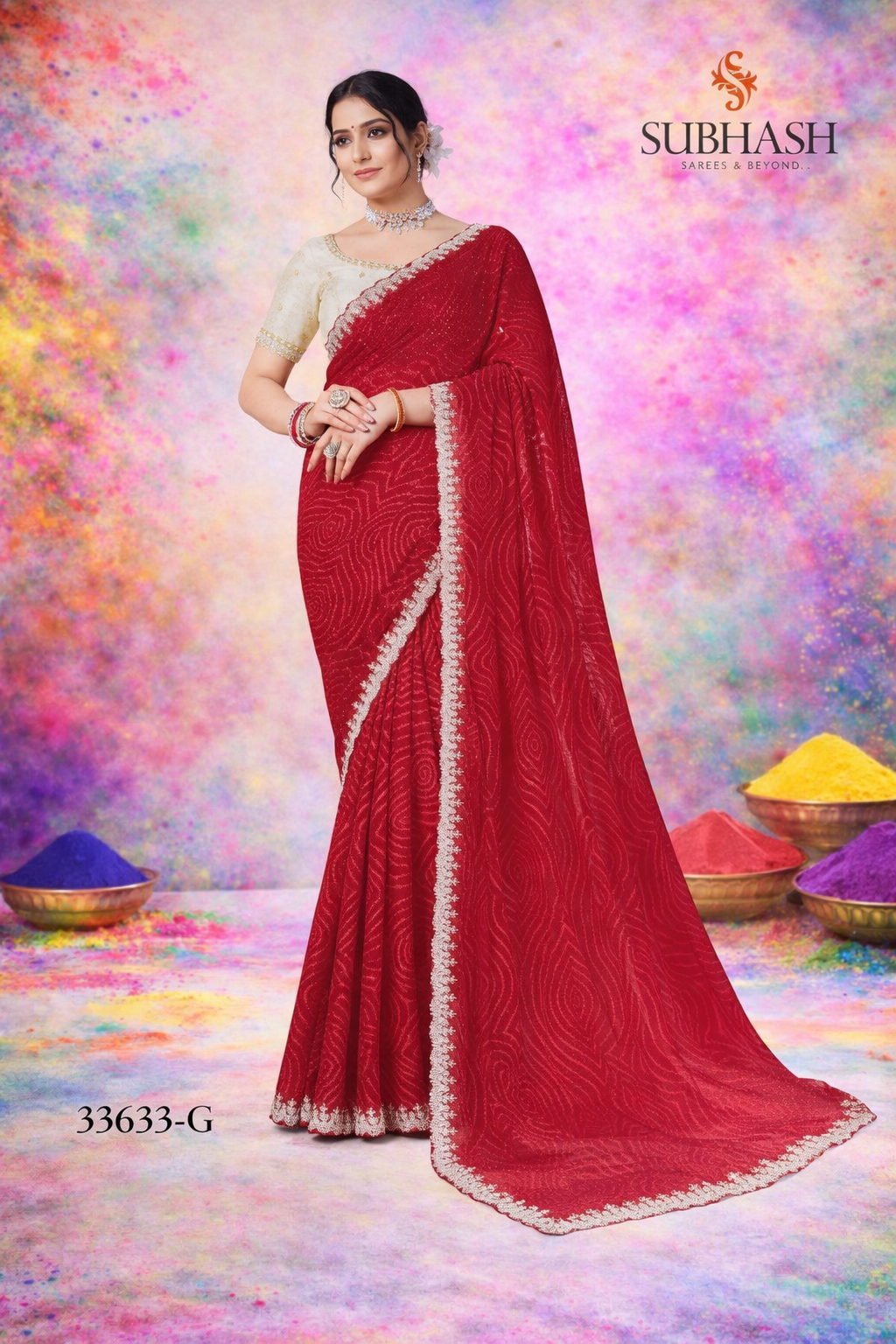 Subhash Sanskriti Saree Design No. 33633-G – Rich Red Designer Festive Saree with Swirl Print & Lace Border-Single Pcs-M.R. Saree Emporium