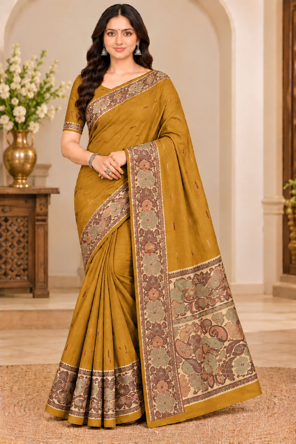 Cotton Royal Blue Designer Saree with Floral Jacquard Border-14 Pcs Set.