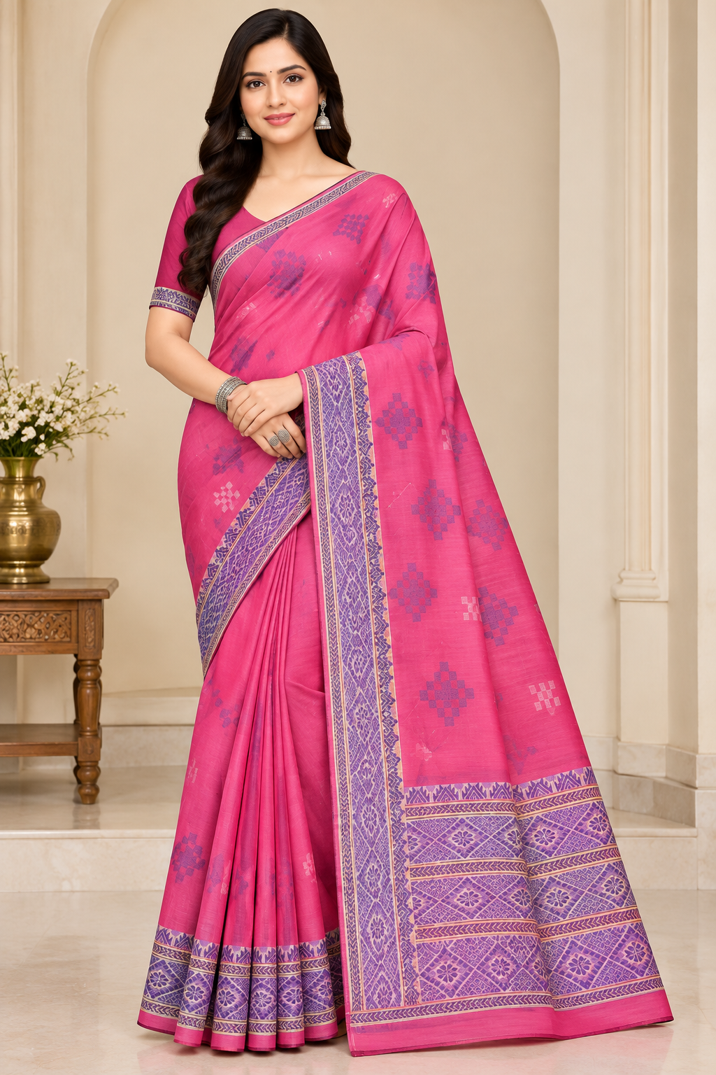 Cotton Green Woven Border Designer Saree - 14 Pcs Set