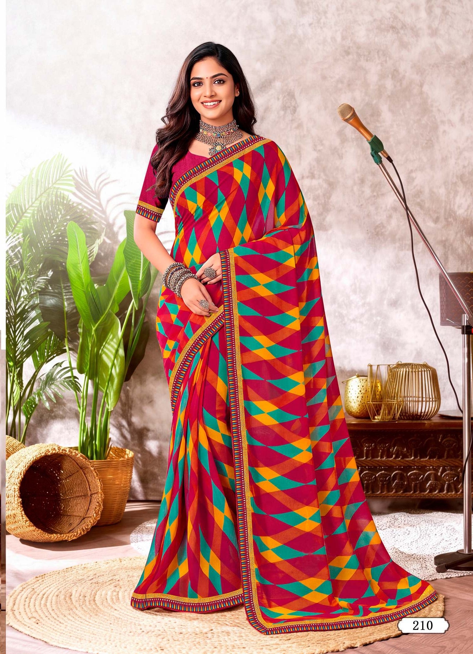 Ladorani Jugni Designer Saree with Contrast Border - 8 Pcs Set