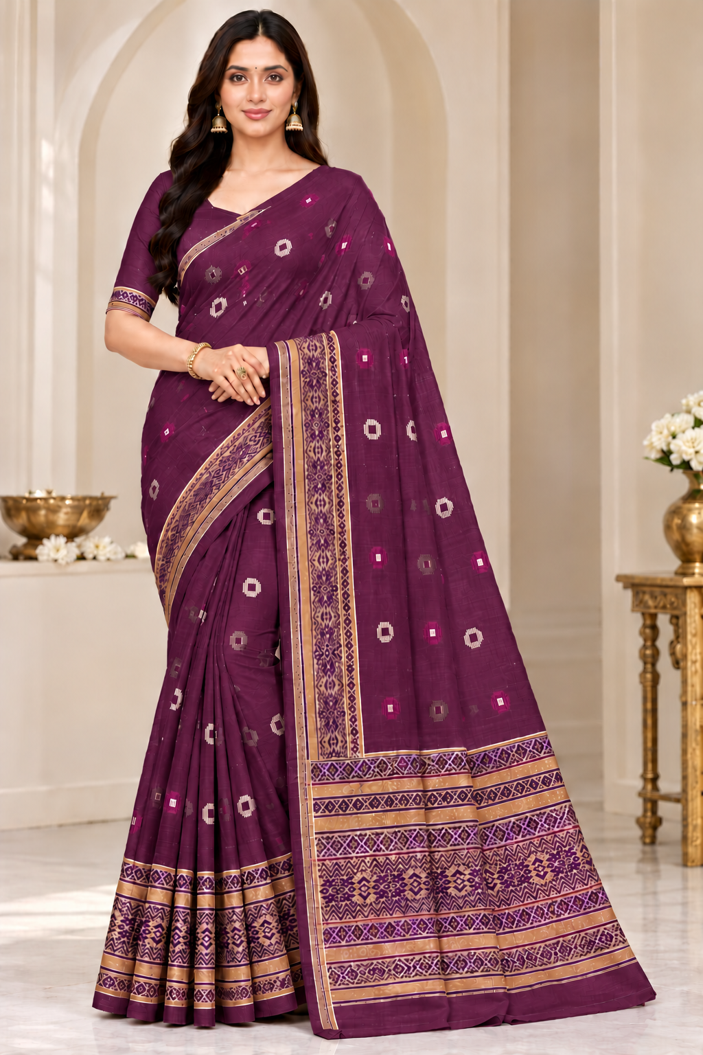 Cotton Traditional Printed Saree with Designer Woven Border - 15 Pcs Set.