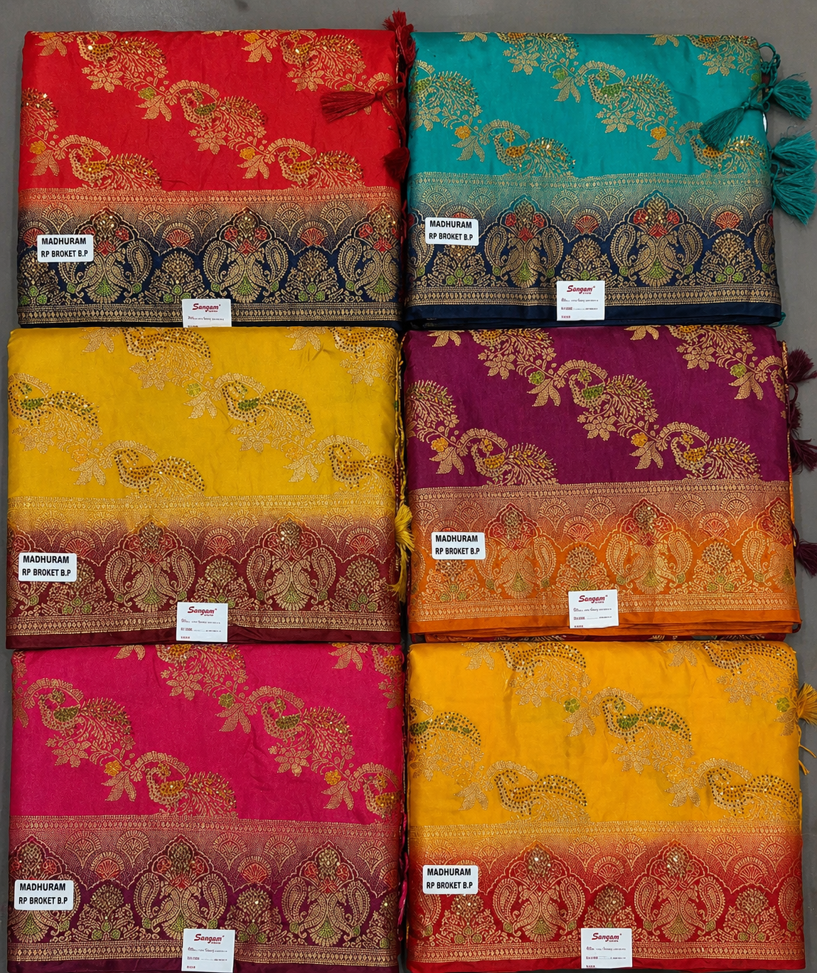 Soft Silk Jacquard Peacock Design Saree Set of 6 with Heavy Zari Temple Border – Wholesale Collection - M.R. Saree Emporium