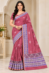 Cotton Teal Blue Printed Saree with Designer Geometric Border-14 Pcs Set.