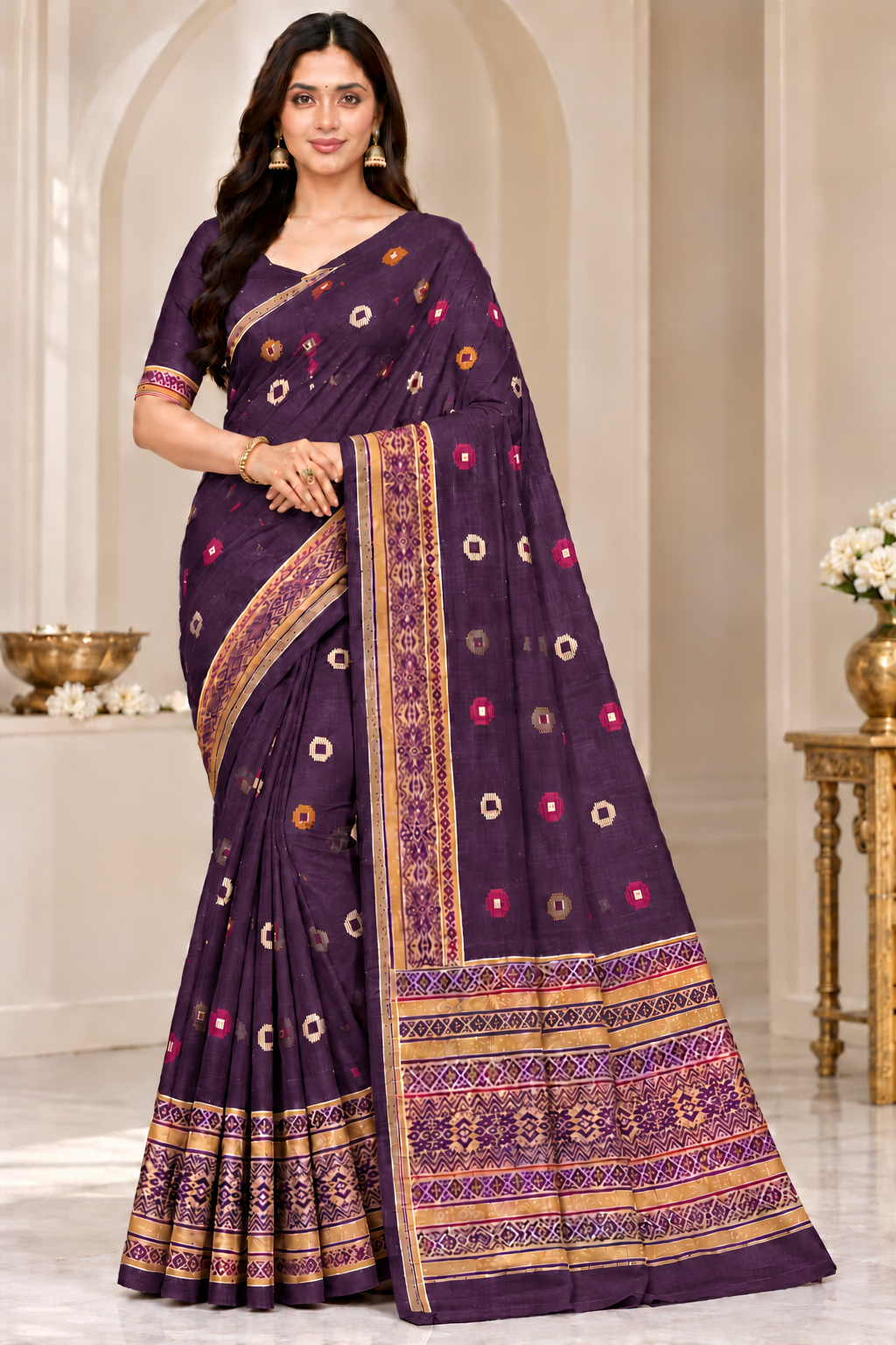 Cotton Traditional Printed Saree with Designer Woven Border - 15 Pcs Set.
