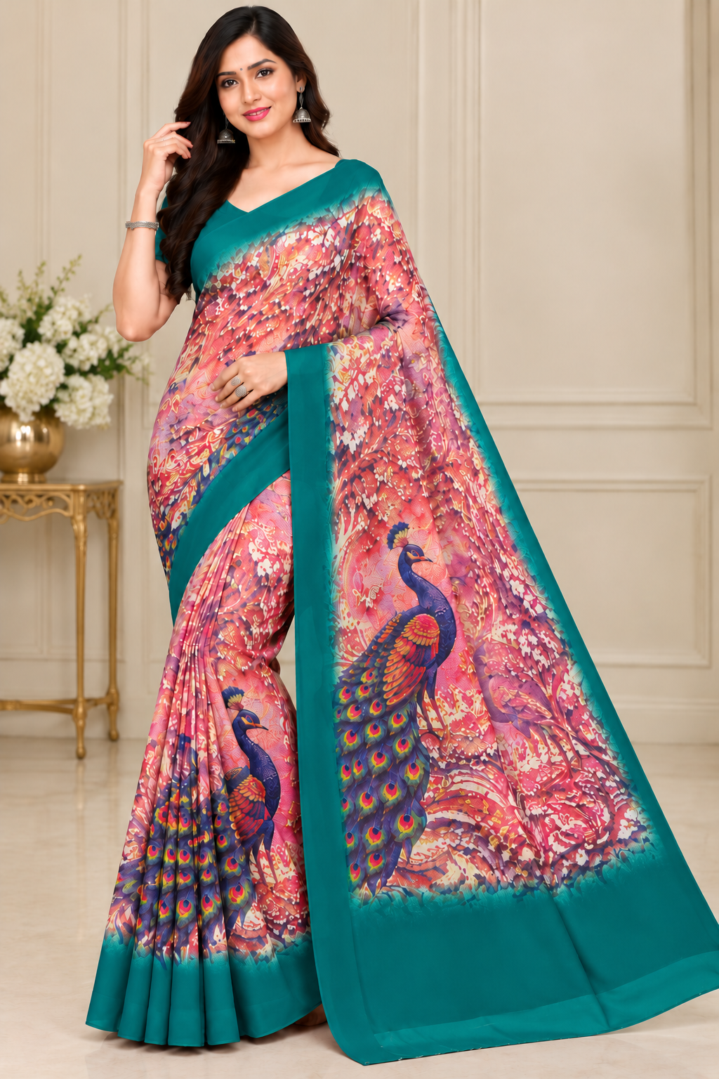 Weightless Printed Peacock Design Saree with Designer Border - 6 Pcs Set